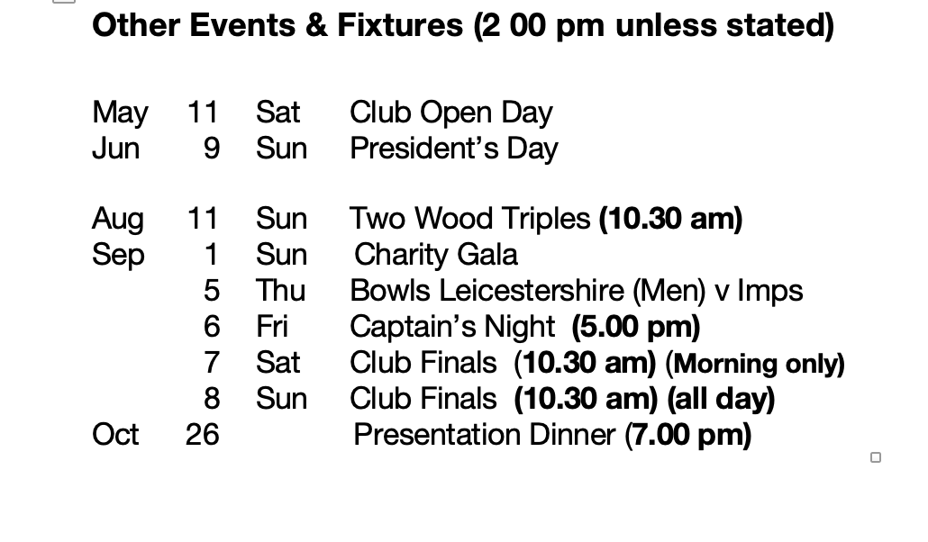 Countesthorpe Bowls Club Other Bowling Events