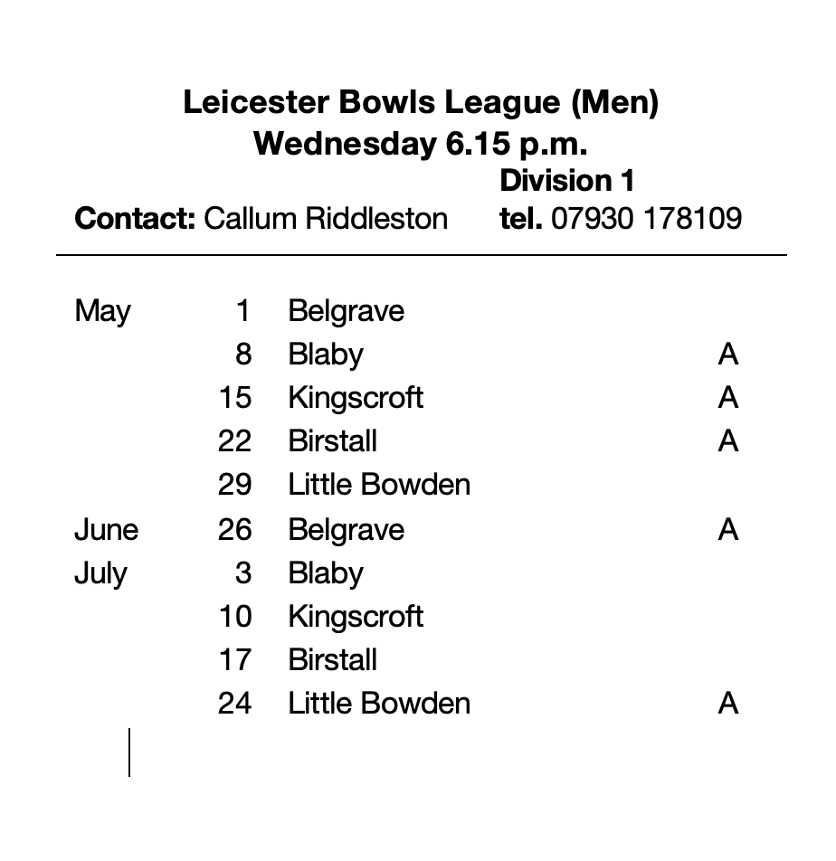 Countesthorpe Bowls Club Leicester Bowls League