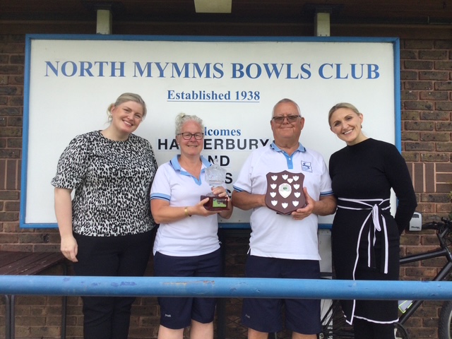 Charlotte and Victoria presenting the Trophy to North Mymms Bowls Club Captain, Paul Thomson and Ladies Captain, Christine Wootton. Charlotte and Victoria presenting the Trophy to North Mymms Bowls Club Captain, Paul Thomson and Ladies Captain, Christine Wootton.