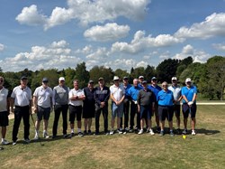 The required team photo before the first tee.  Those in blue were the winning team!