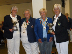 Receiving trophies September 2015: Betty Bell, Joy, Marcia (President of Bowls England), Annette
