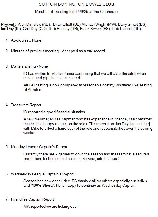 Sutton Bonington Bowls Club Committee Meeting Minutes