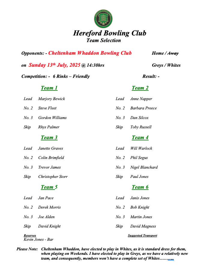 Hereford Bowling Club Cheltenham - Friendly - 13/07/25