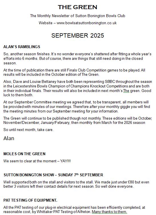 Sutton Bonington Bowls Club Club Newsletters