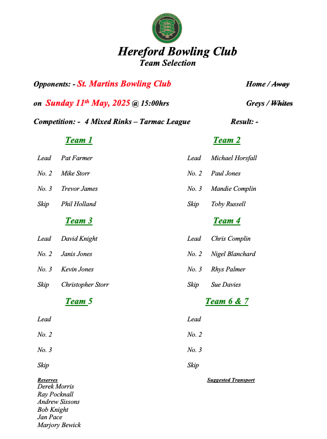 Hereford Bowling Club St. Martins - Tarmac League - 11/05/25