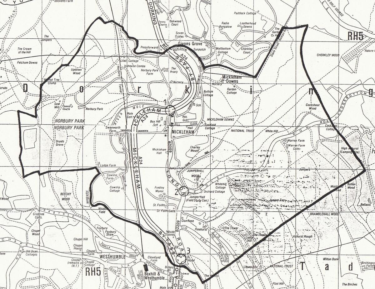 Map of the boundary of Mickleham Civil Parish.  The Parochial Church Parish also includes Westhumble, to the south.
