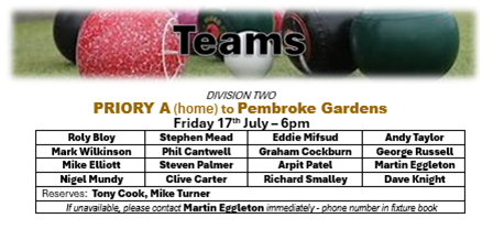 Priory Bowls Club Team for Friday 17th July