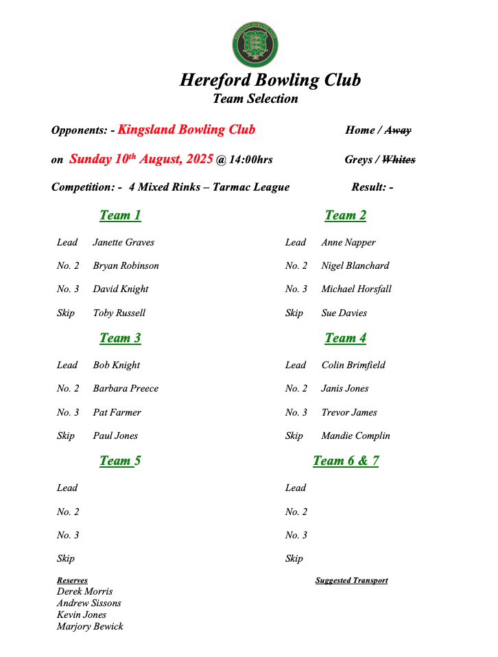 Hereford Bowling Club Kingsland - Tarmac League - 10/08/25