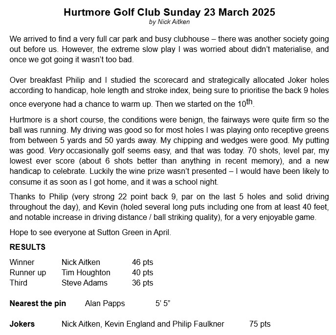 Bracknell Cavaliers Golf Society Hurtmore Sunday 23 March 2025