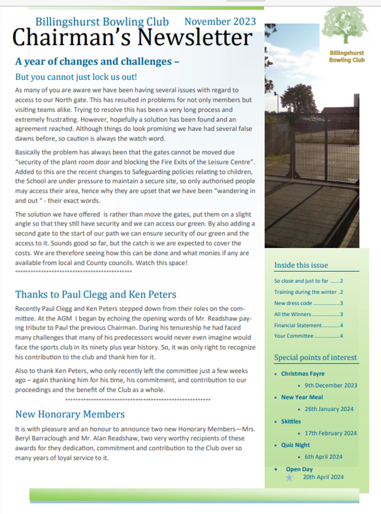 Billingshurst Bowling Club Newsletter November 2023