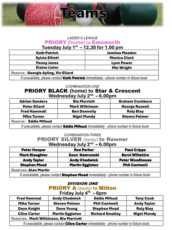 Priory Bowls Club Teams for week beginning: 1st July