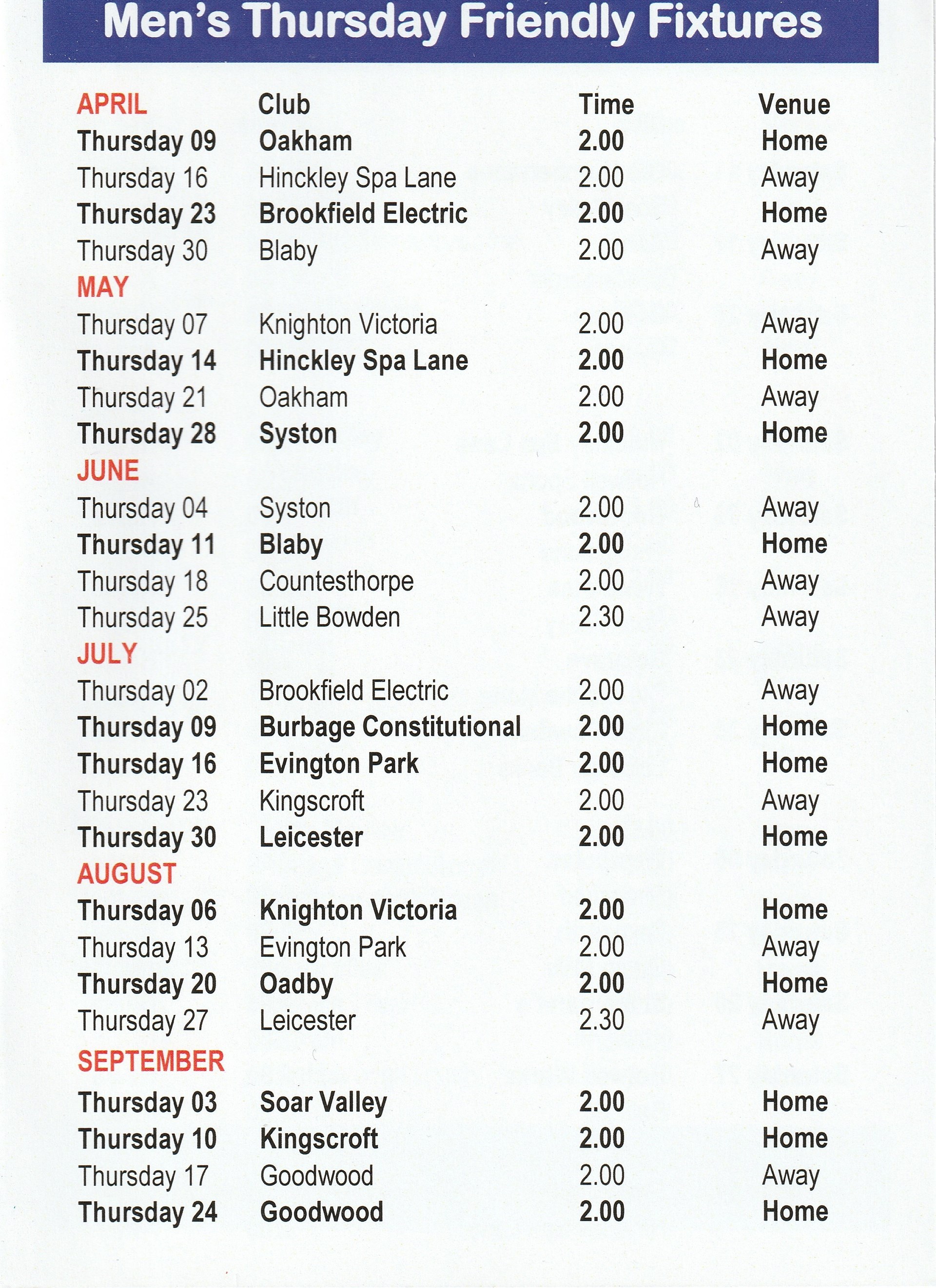 Birstall Bowling Club Mens Fixtures