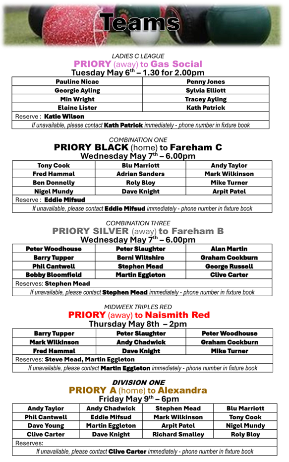 Priory Bowls Club Teams for week beginning 4th May