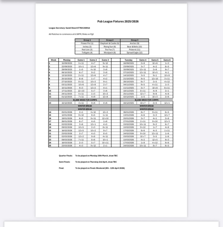 Pub League Calendar