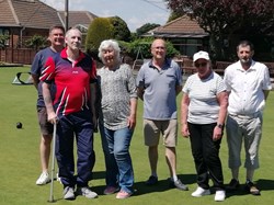 Disability Bowls England Ambassador Colin Wagstaff (in red) with Jack, Annette, Richard, Jeannie & Jonny at Open Day
