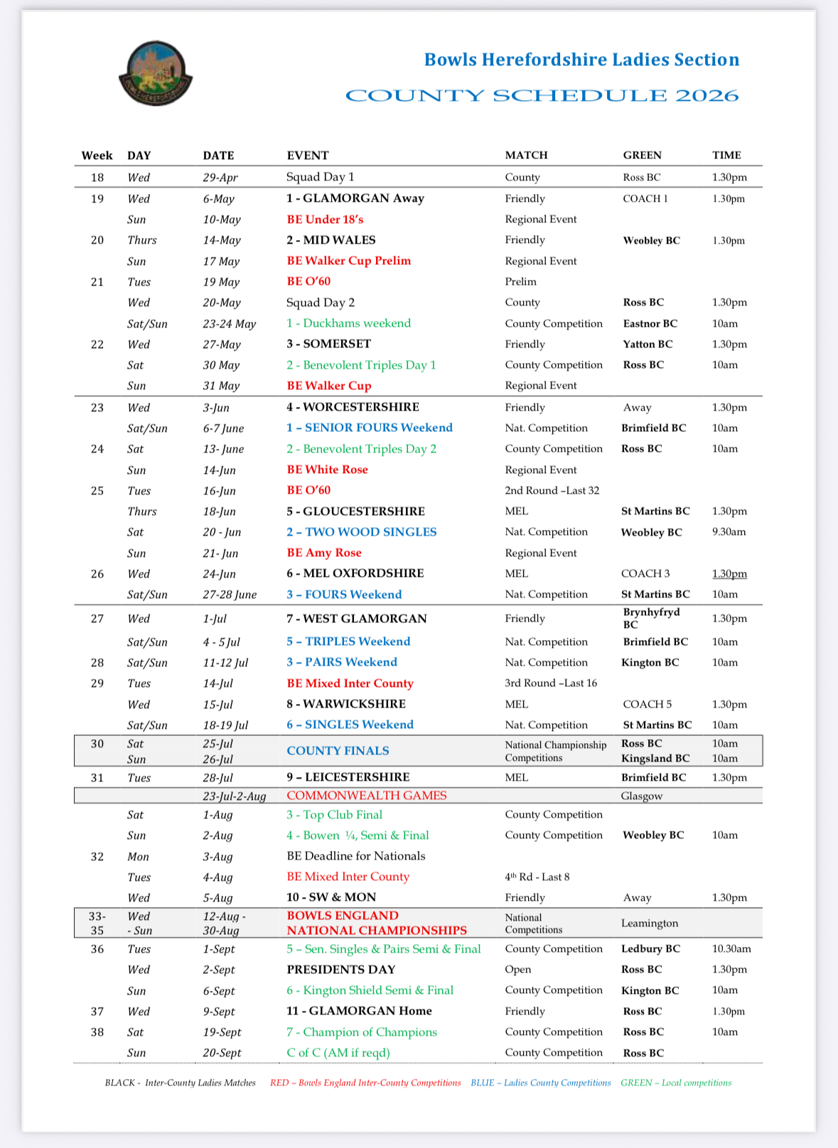 Bowls Herefordshire Ladies County Matches 2026