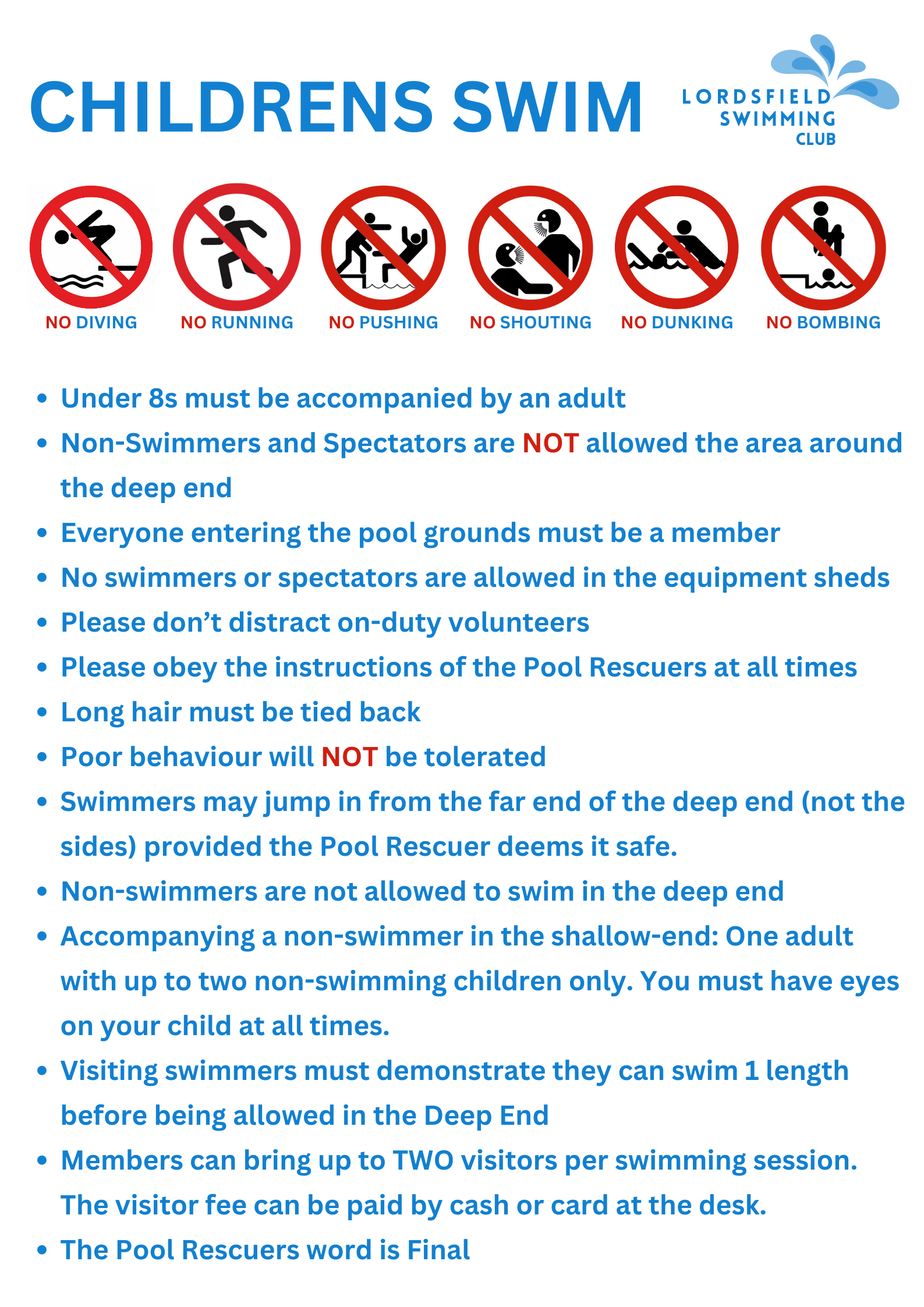 Lordsfield Swimming Club Children's Session Rules