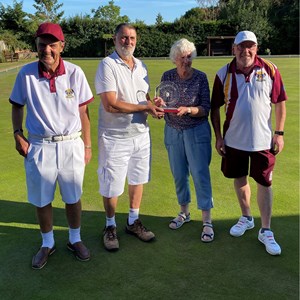 Millenium Triples Winners Martin C, Jeff H and Jim B being presented with the trophy by Helen R (6th Aug)