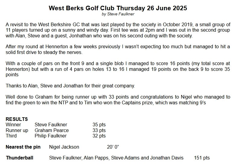 Bracknell Cavaliers Golf Society West Berks Thursday 26 June 2025