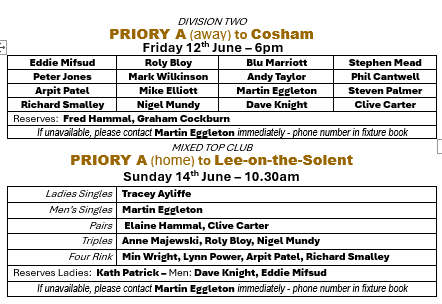 Priory Bowls Club Teams for week beginning: 8th June