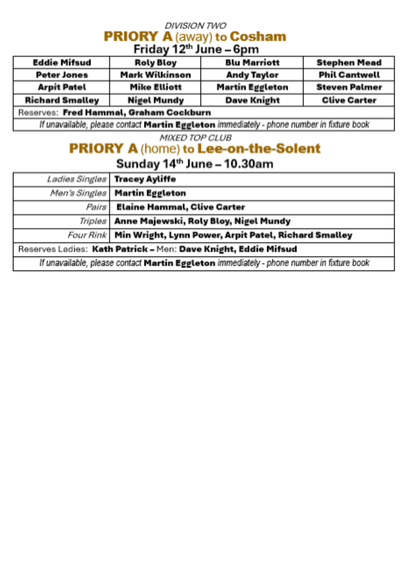 Priory Bowls Club Teams for week beginning: 8th June