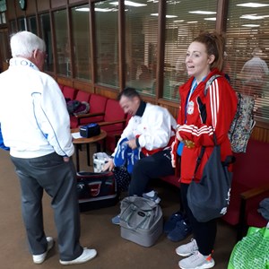 Getting ready to Bowl at Desborough with Duggie Mitchell, a Director of Disability Bowls England and Rachel who wanted to learn more about Bowls, so just came along and was duly amazed