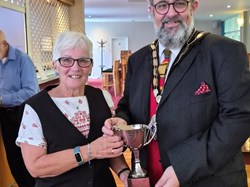 Lesley Ball, accepting Winner Ladies 2 Wood Singles on behalf of April Mitchell