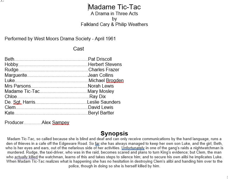 West Moors Drama Society Madam Tic-Tac
