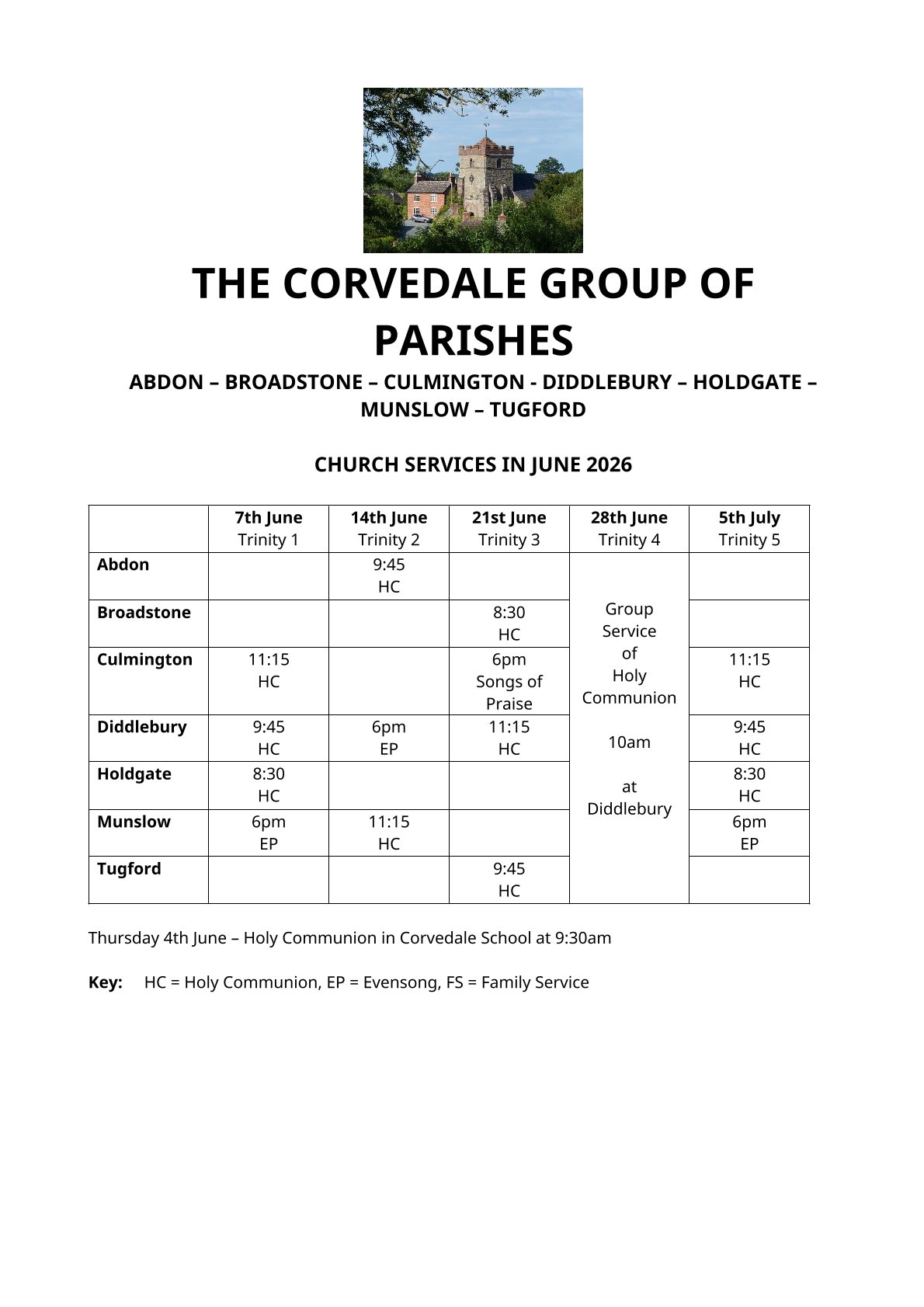 Diddlebury Parish Council Corvedale Church Services