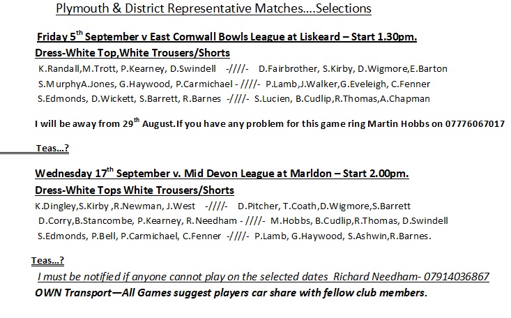 Plymouth & District Mens Bowling League Games 10 & 11 Selections