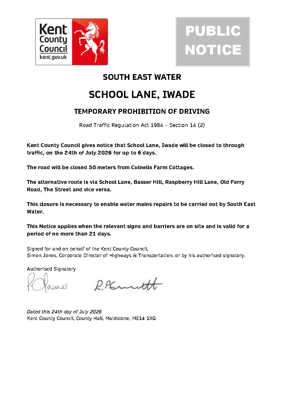 Please note that this road closure has been extended to 30th July.