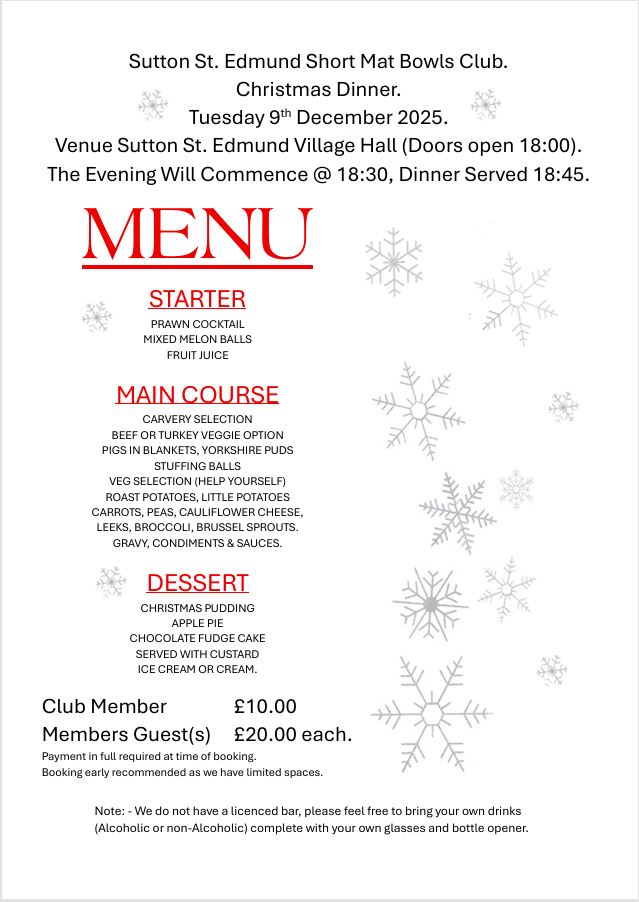 Sutton St. Edmund short mat bowls club Christmas Dinner 2025.