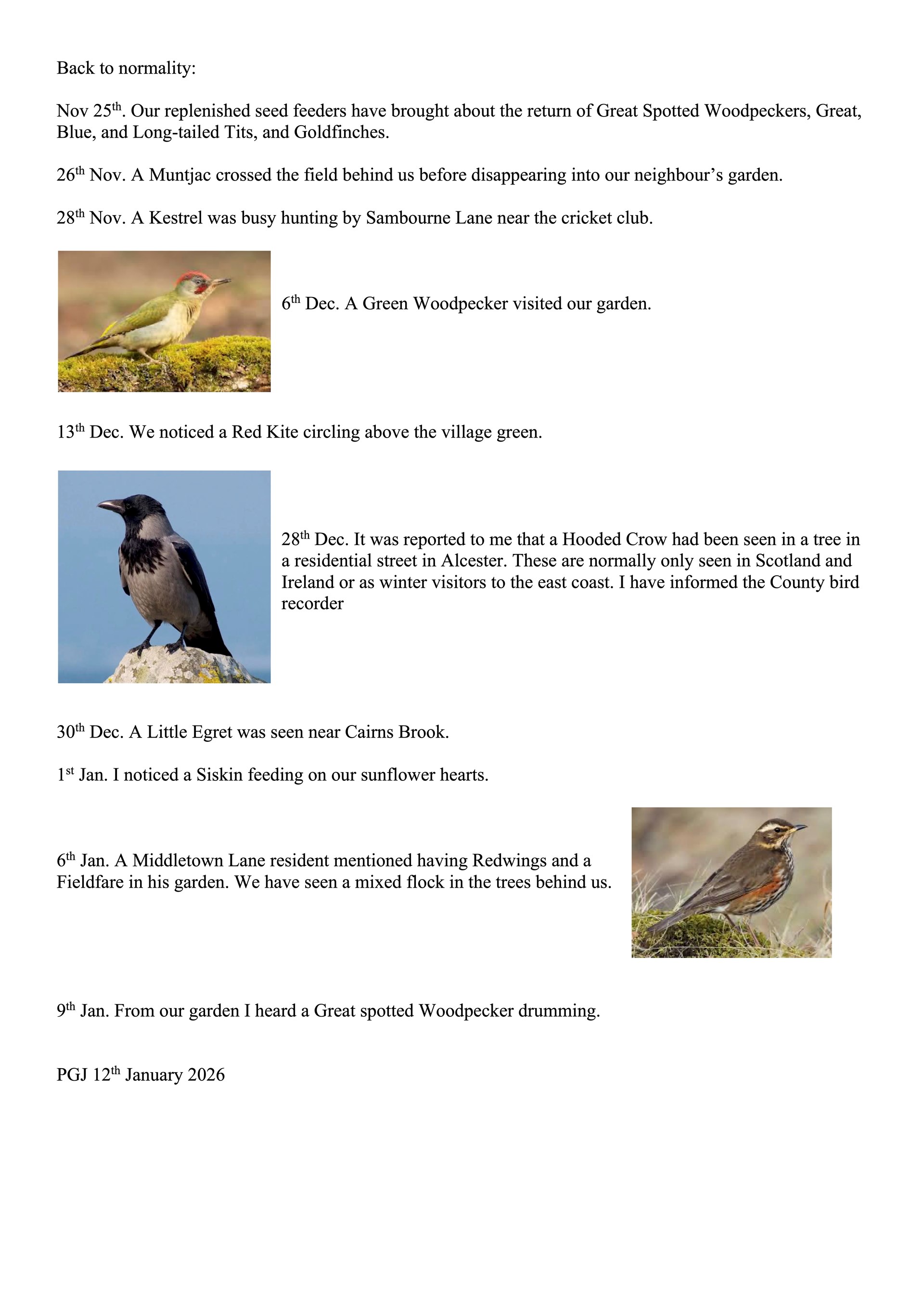 Sambourne Parish Council Wildlife sightings in Sambourne Parish