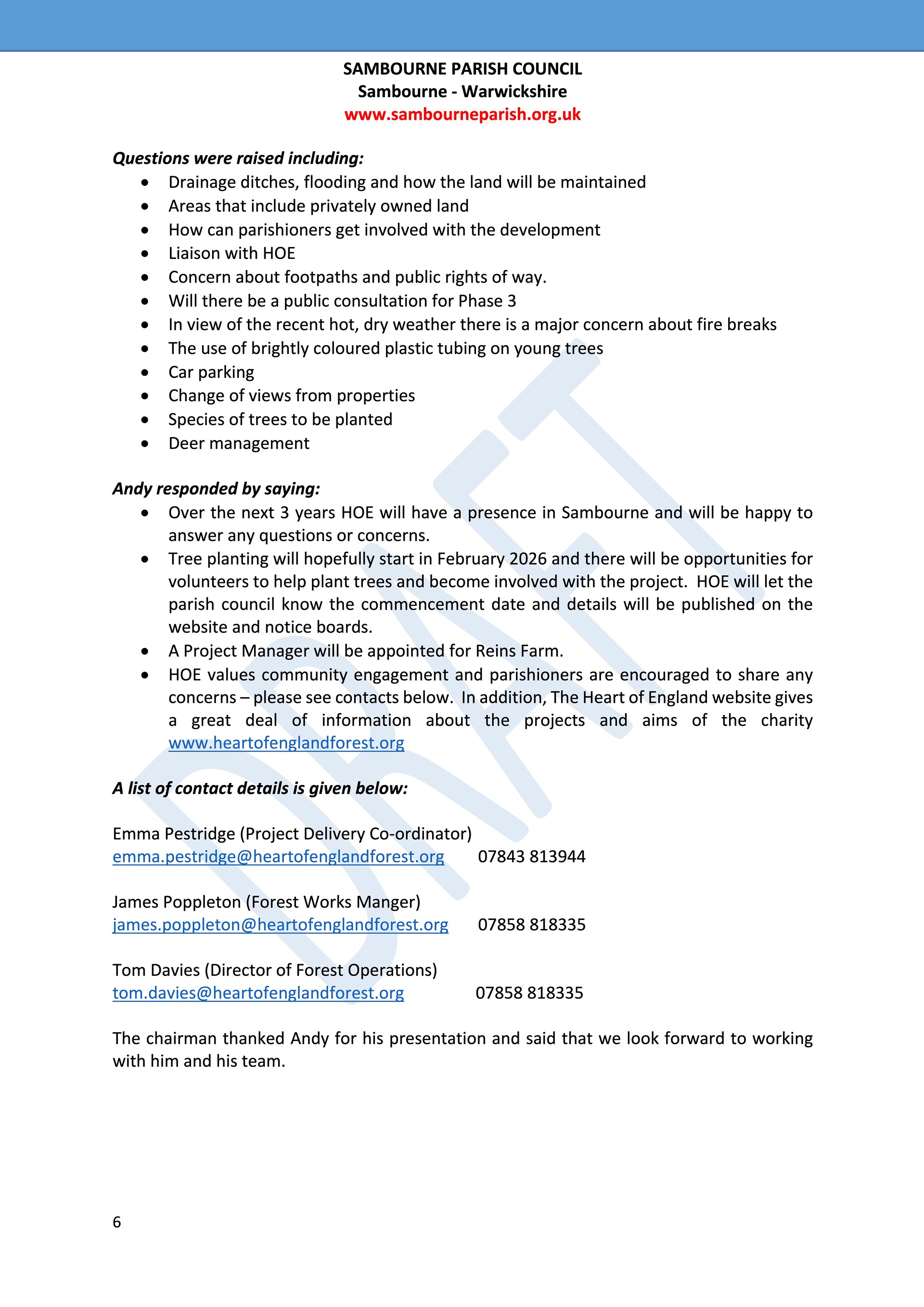 Sambourne Parish Council July 2025 to present