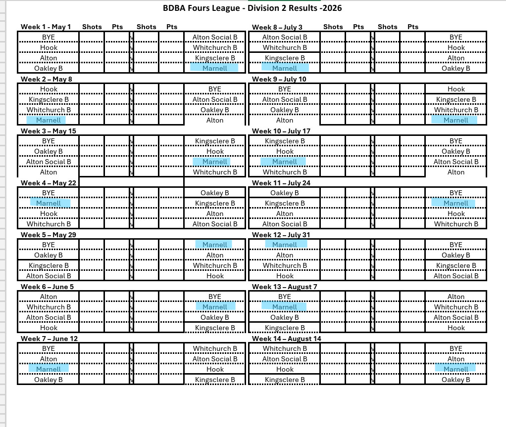 Friday League Fixtures