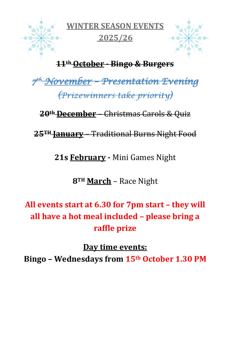 Batchwood Hall Bowling Club Social Events 2025 / 2026