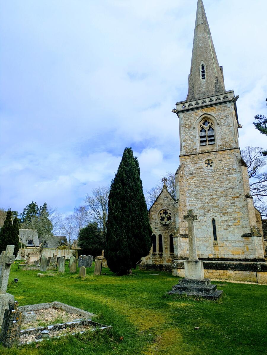Colourful image of the church with large tree in the image