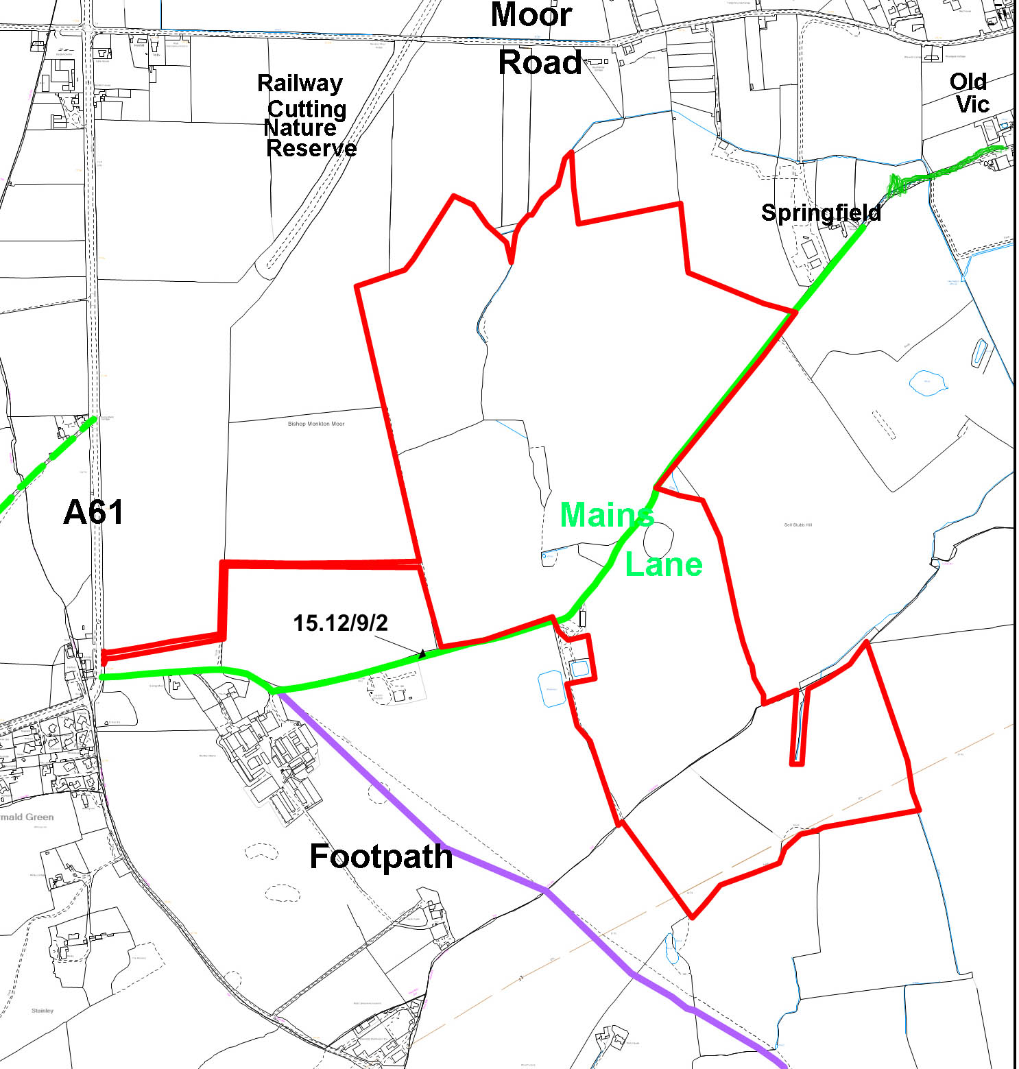 Showing the extent of the Solar Farm (165 acres) and location (surrounding Mains Lane)