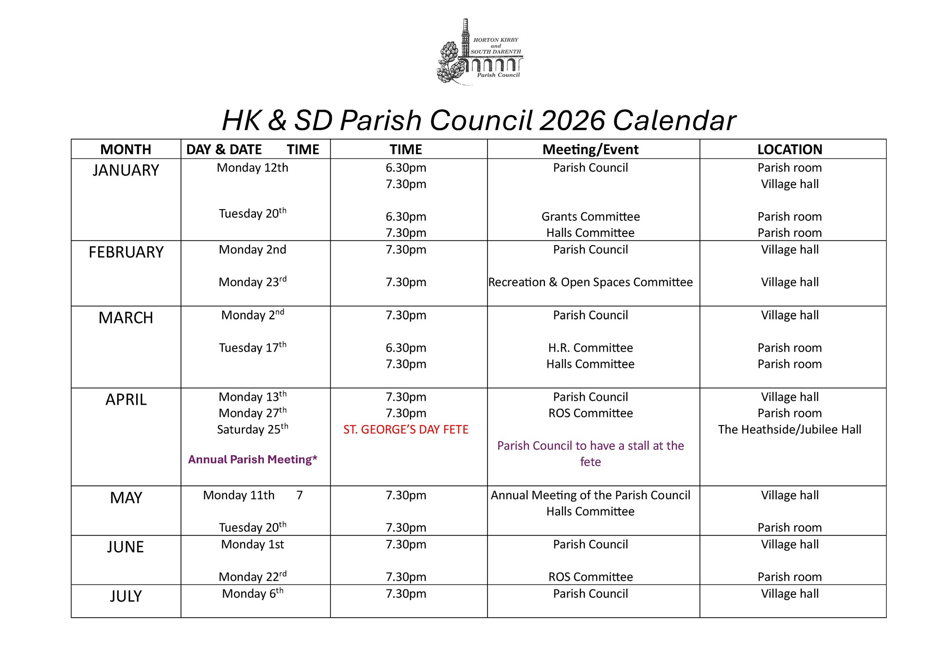 Horton Kirby & South Darenth Parish Council 2026 Calendar for Meetings and Events