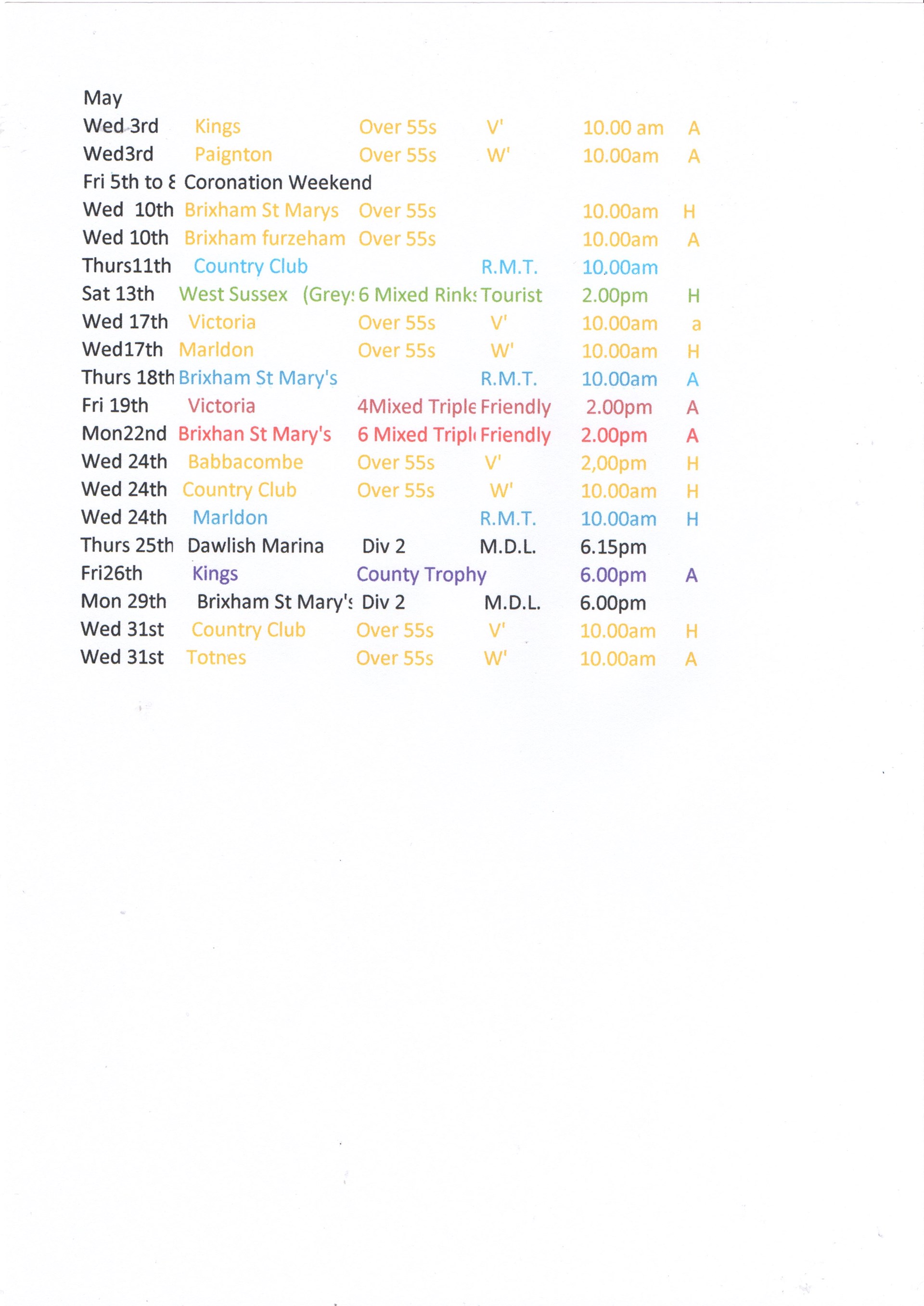 Paignton Torbay Bowling Club May fixtures