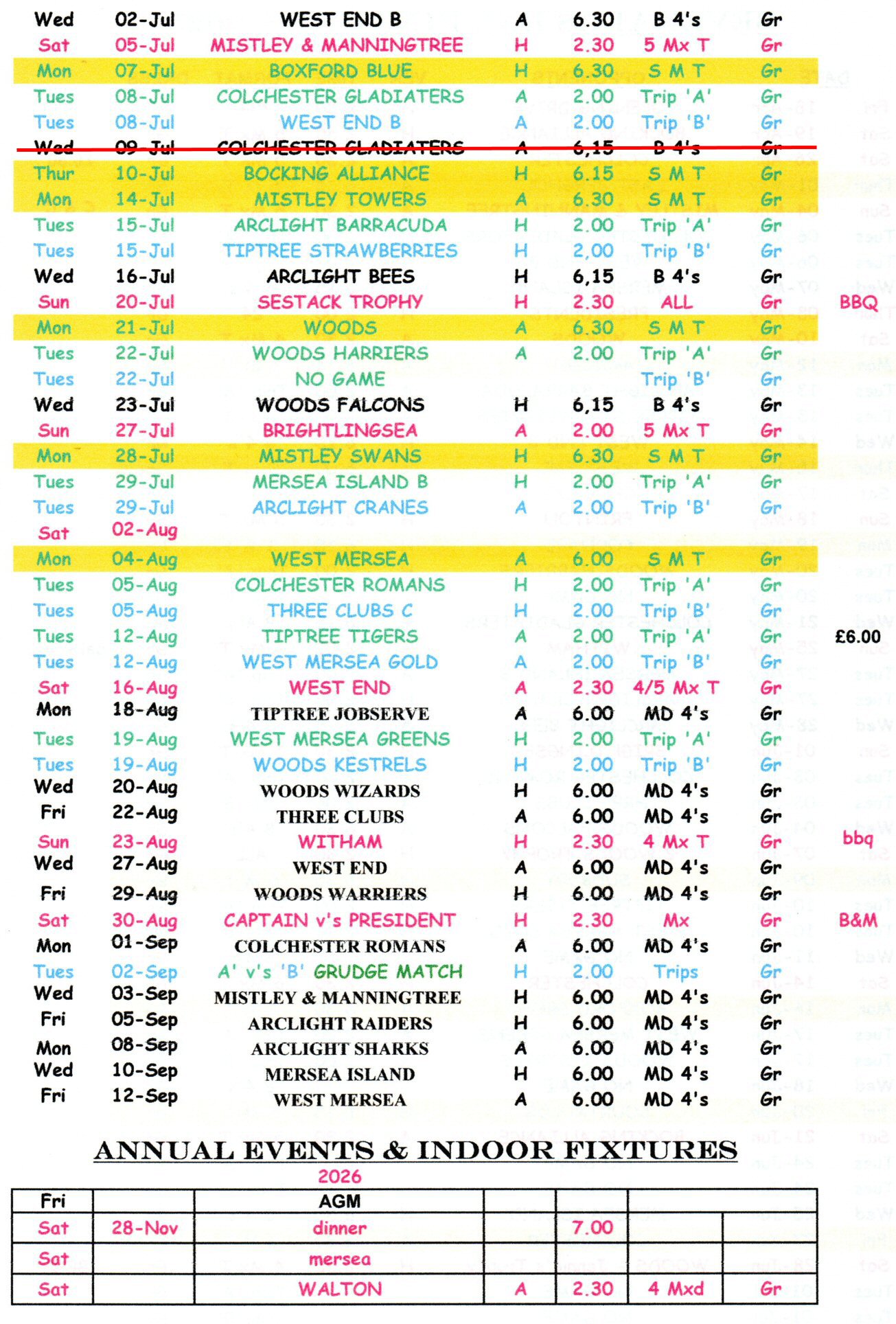 Severalls Bowls Club 2025 Match Fixtures