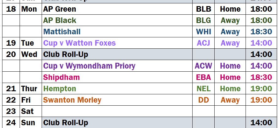 Fixtures for week beginning 18th May