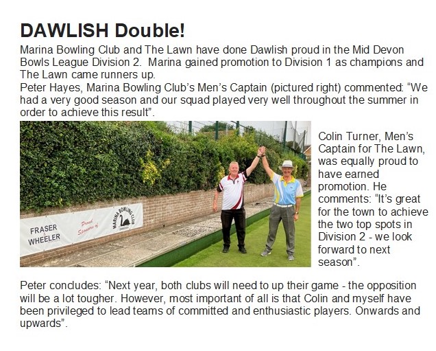 Marina Bowling Club Dawlish 2023 Press items mid - Aug to season end