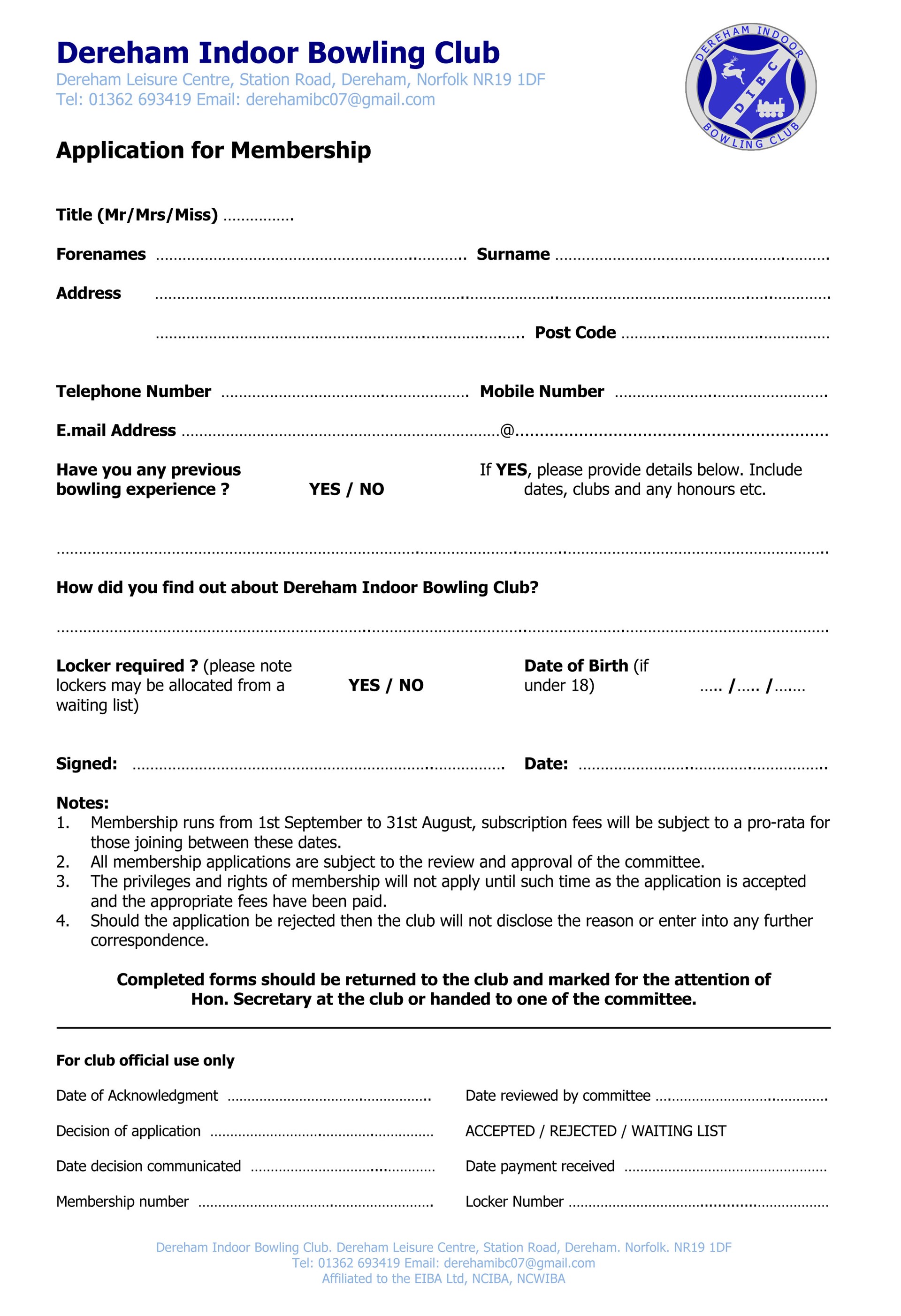 Dereham Indoor Bowling Club New Member Application Form
