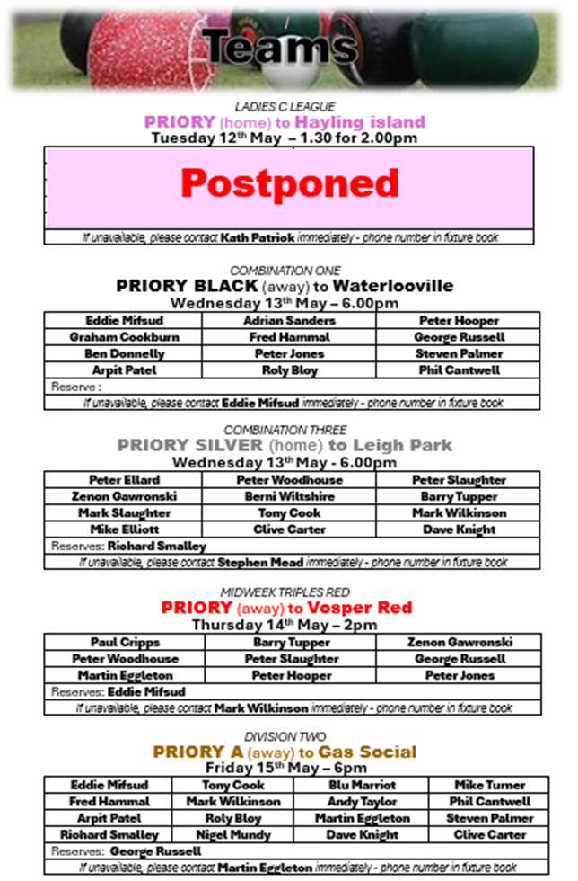 Priory Bowls Club Teams for week beginning: 11th May