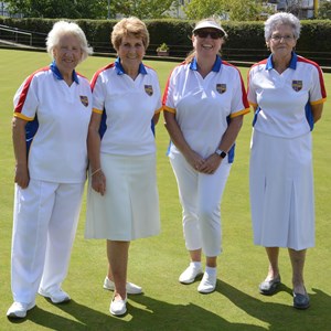Ladies Pairs Winners Sheila O'Keefe (left Centre) Ann McGillivary (left Right)  Runners up  Gill Williams (left)  Gill Denne (right)