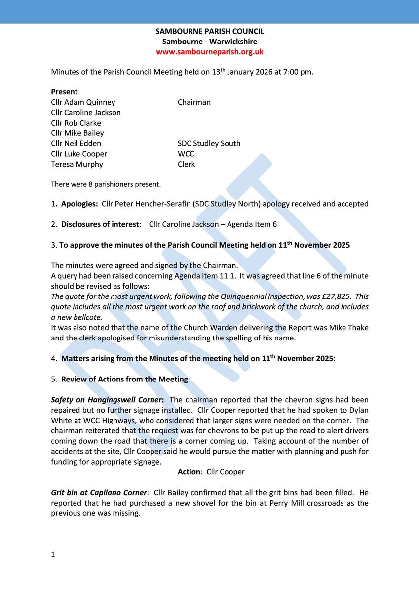 Sambourne Parish Council July 2025 to present