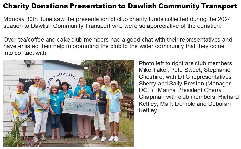 Marina Bowling Club Dawlish 2025 Press Items (July...)