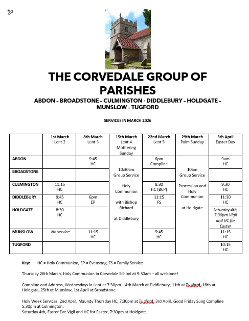 Diddlebury Parish Council Church Services in the Corvedale