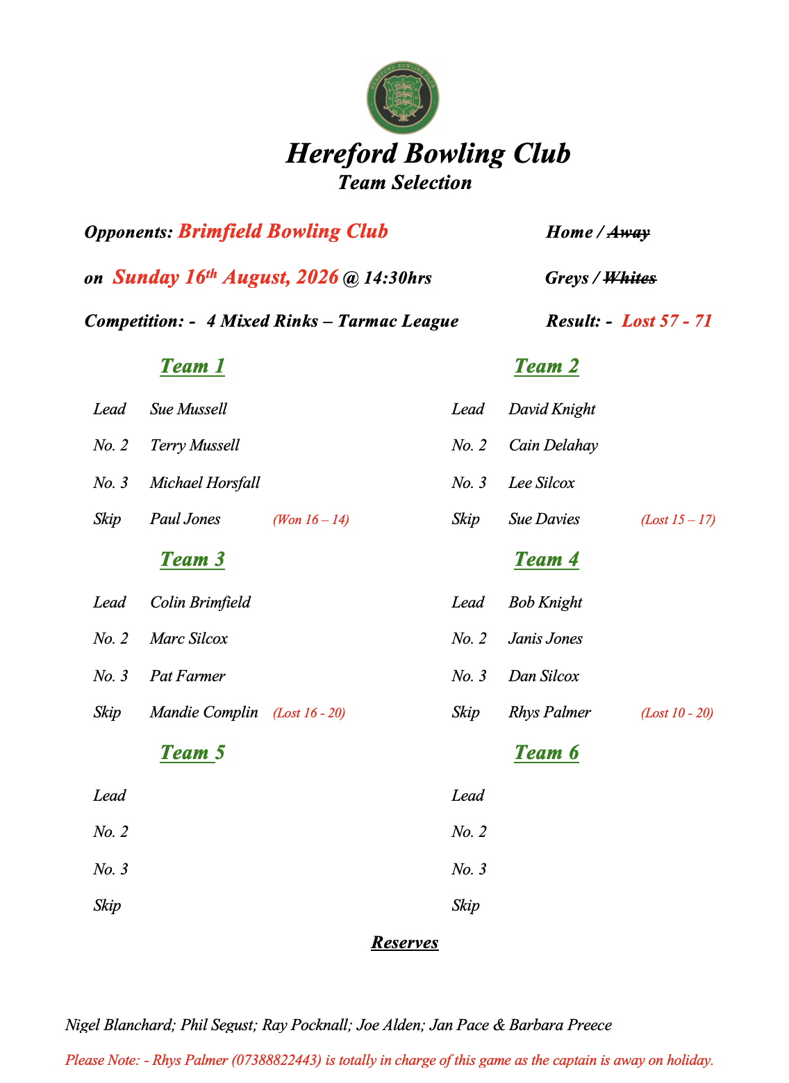 Hereford Bowling Club Brimfield - Tarmac League - 16/08/26
